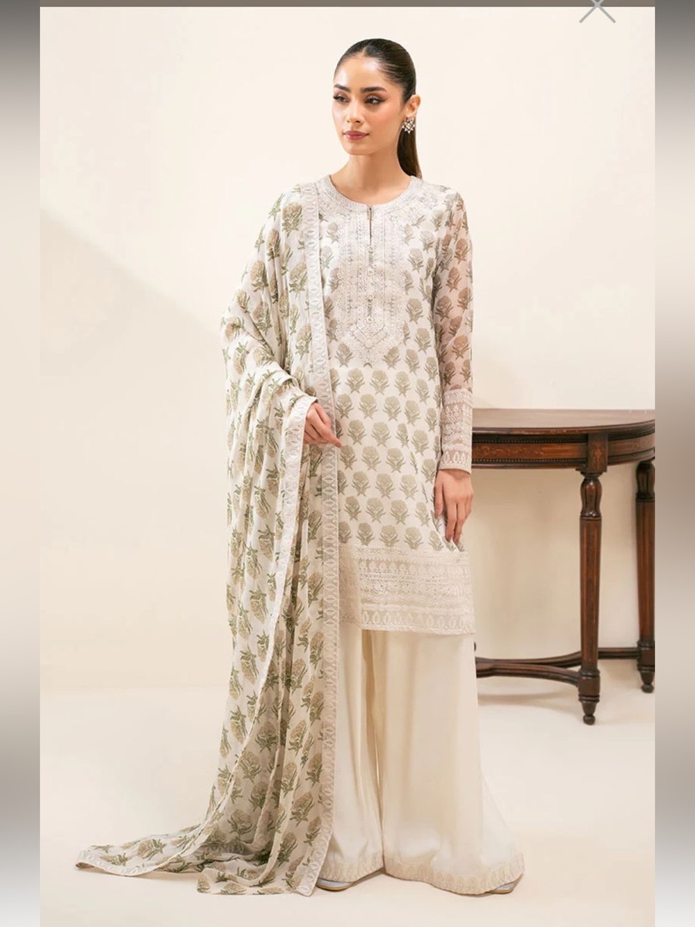 Cream Embroidered Long Sleeve Women’s Dress with Printed Dupatta